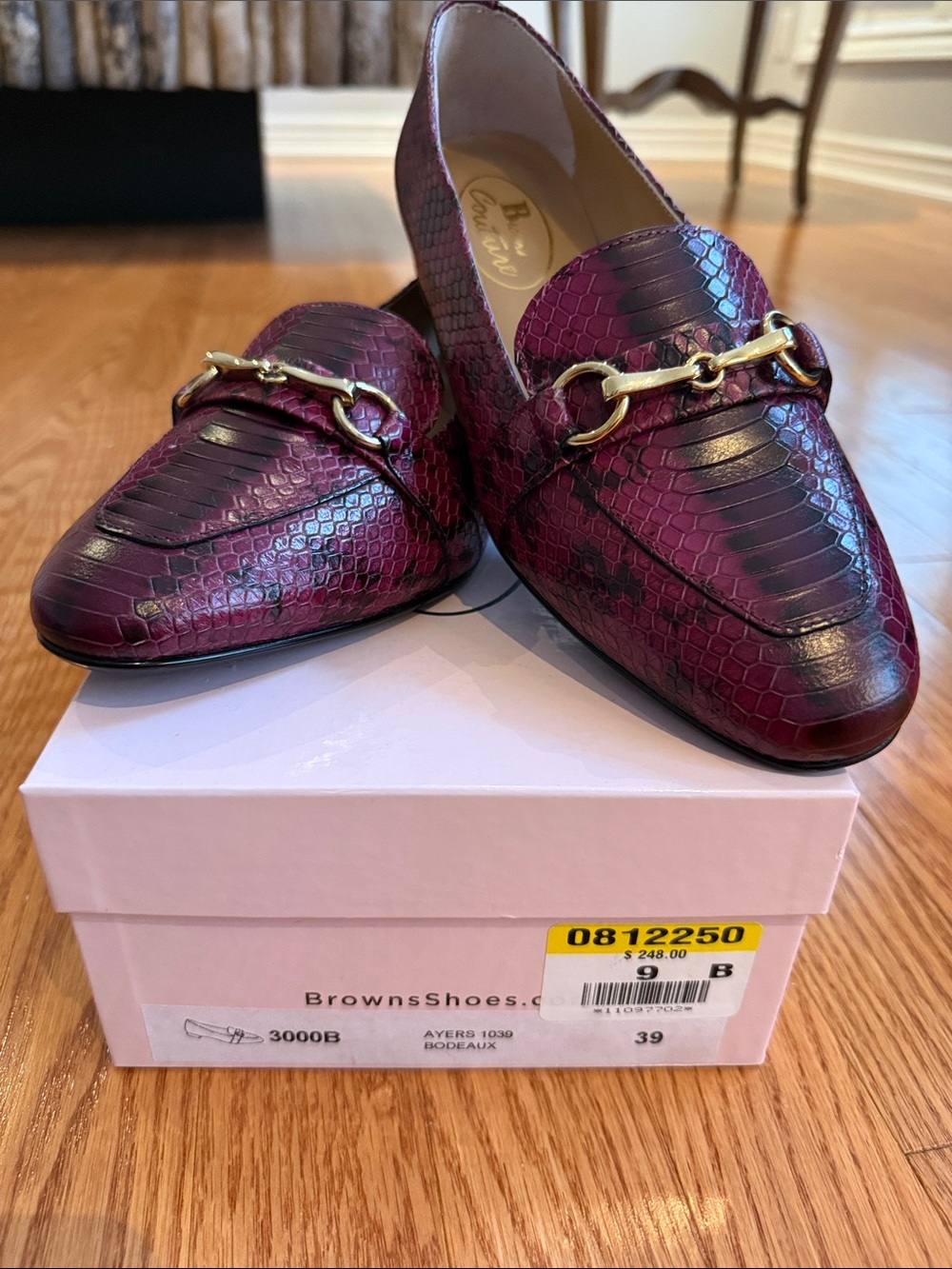 Women’s Bordeaux Snake-Embossed Loafers with Gold Bit